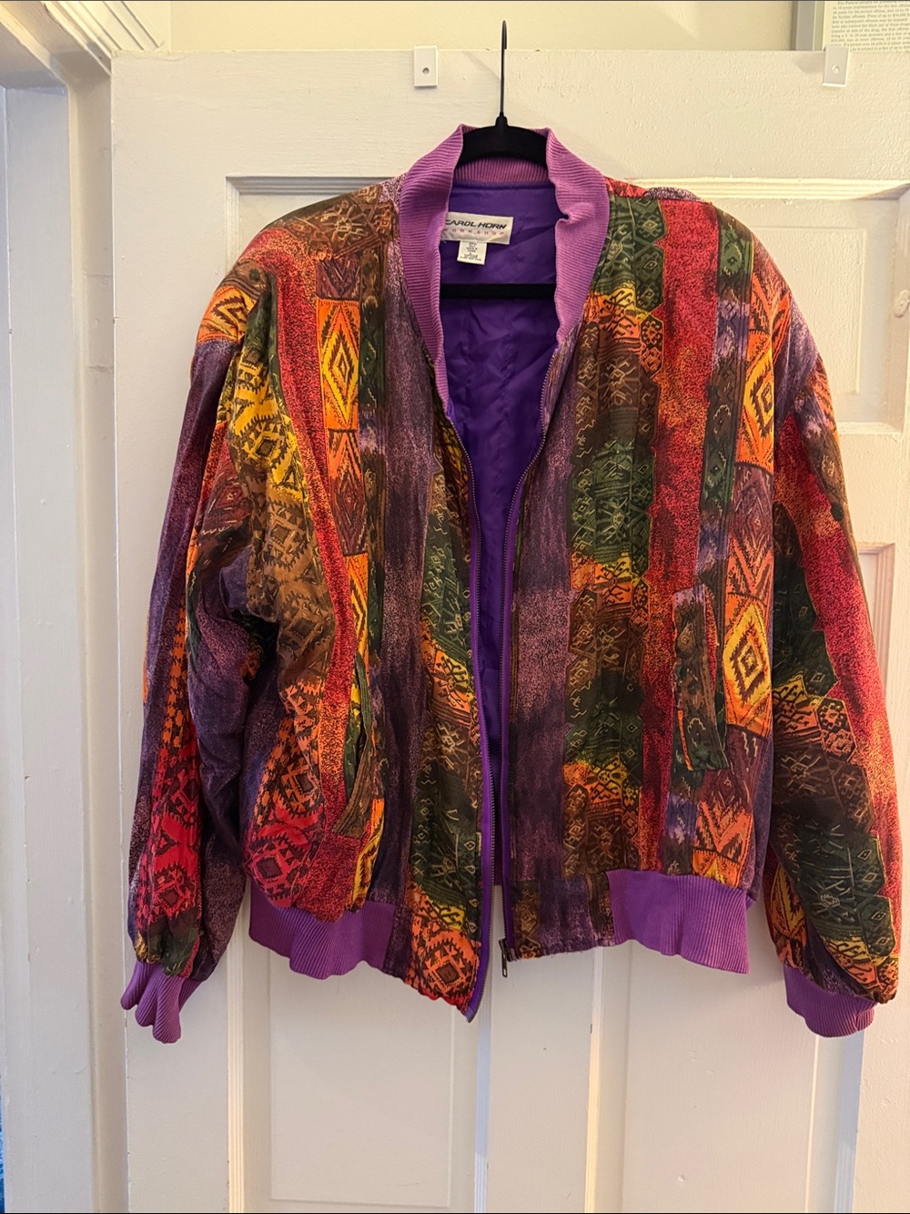 Vintage Silk Carol Horn Multicolor Patterned Bomber Jacket with Purple Trim